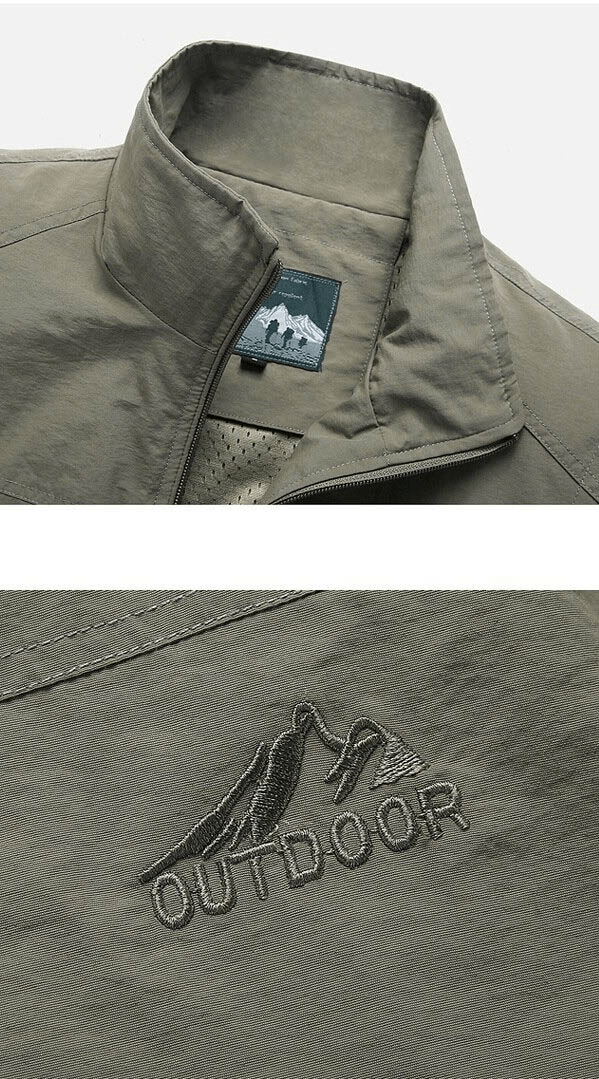 Close-up of men's casual stand collar zipper vest with outdoor embroidery, featuring high-quality polyester material and solid pattern.